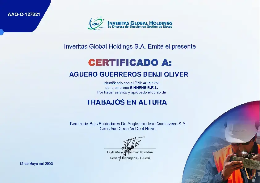 Certificado de trabajos en altura