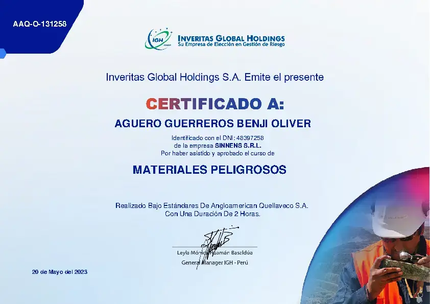 Certificado de materiales peligrosos